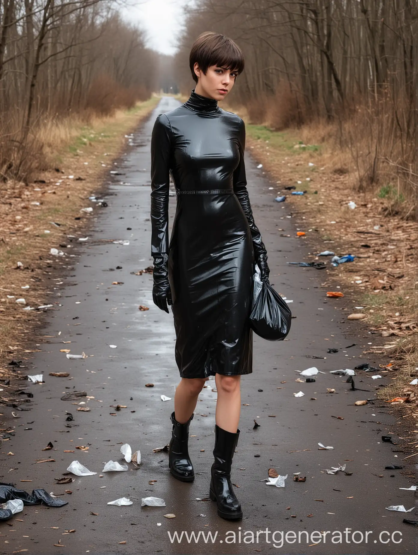 Girl-in-Latex-Dress-Searching-for-Trash-Bags-with-a-Cell-Phone