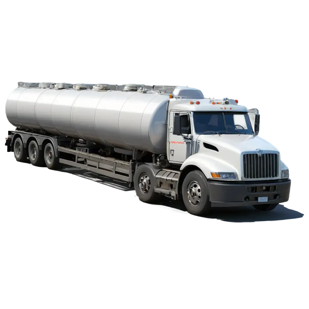 Highly detailed and realistic image of a liquefied gas road train. The truck is clean and modern, with two cylindrical tanks connected in a B-train configuration. Prominent safety markings and fittings. Transparent background. Bright, natural lighting. Sharp focus.