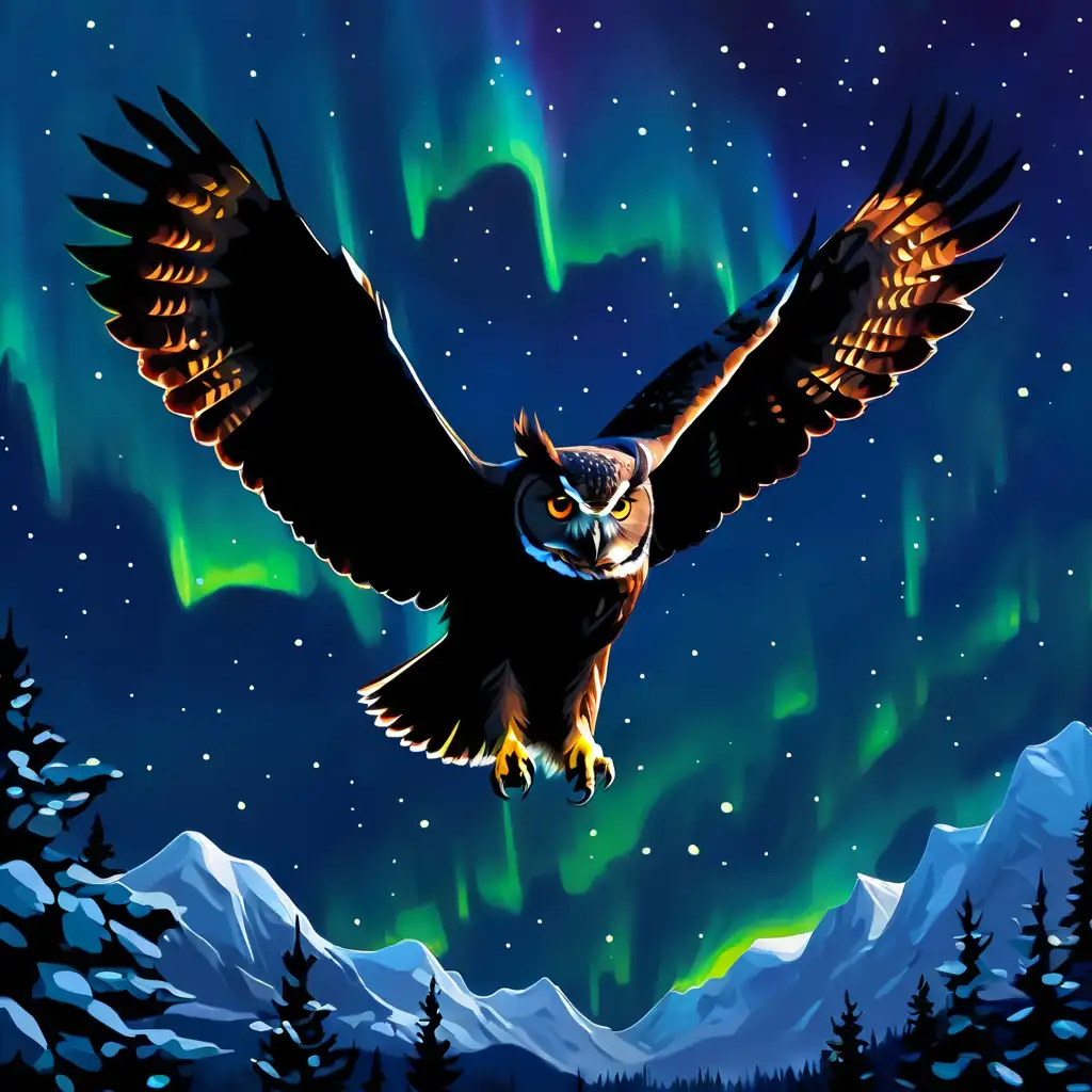 Silhouette of Owl in Aurora Sky Oil Painting Style