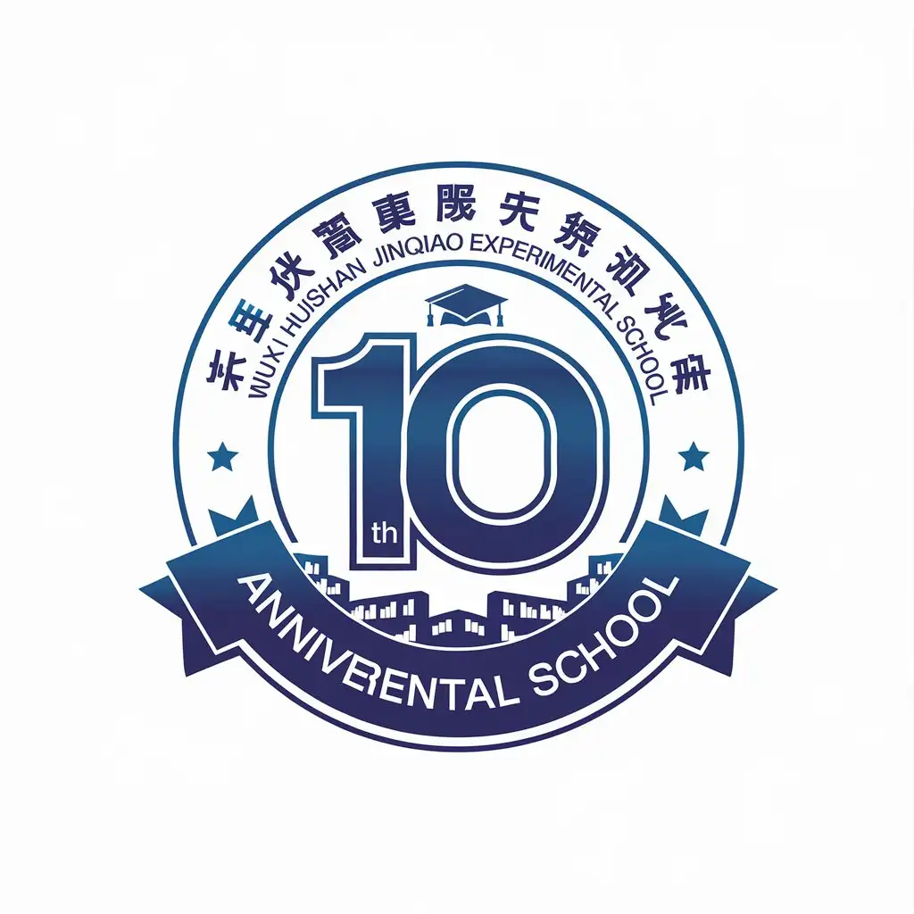 a vector logo design,with the text "Wuxi Huishan Jinqiao Experimental School", main symbol:10th anniversary, circular logo, big number 10 in the middle, library and graduation cap silhouette, gradient Prussian blue,Moderate,be used in Education industry,clear background