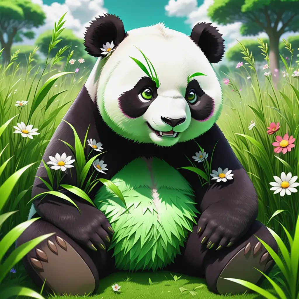 Anime Cartoon of a Green Mature Panda Bear Covered in Grass and Flowers