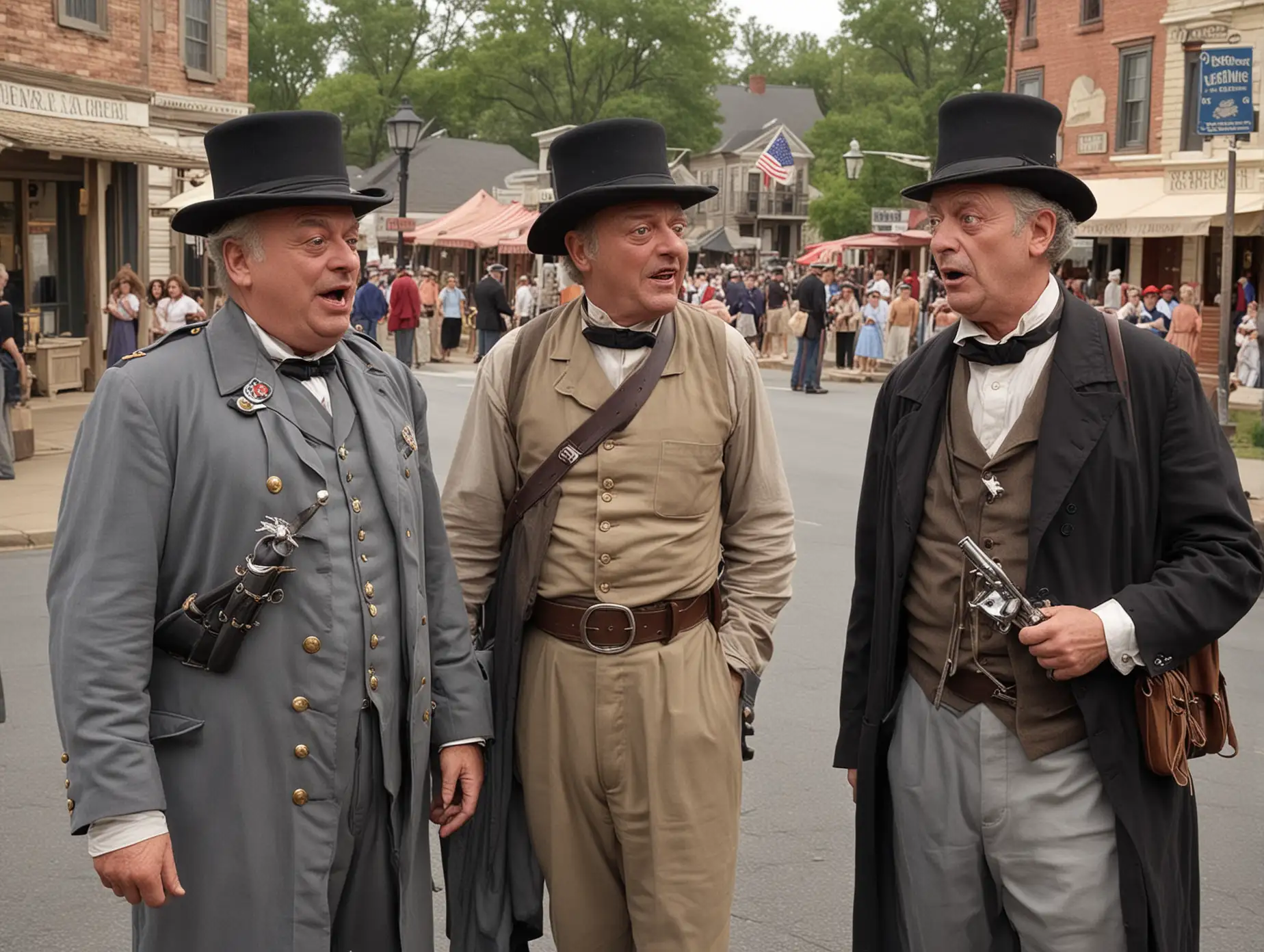 Actors dressed as Union and Confederate soldiers engage tourists in comedic skits on the streets of Gettysburg. The scene is lively and modern yet infused with historical elements [(historical:0.9)], with Rodney Dangerfield as a guest performer [(guest:1.2)].