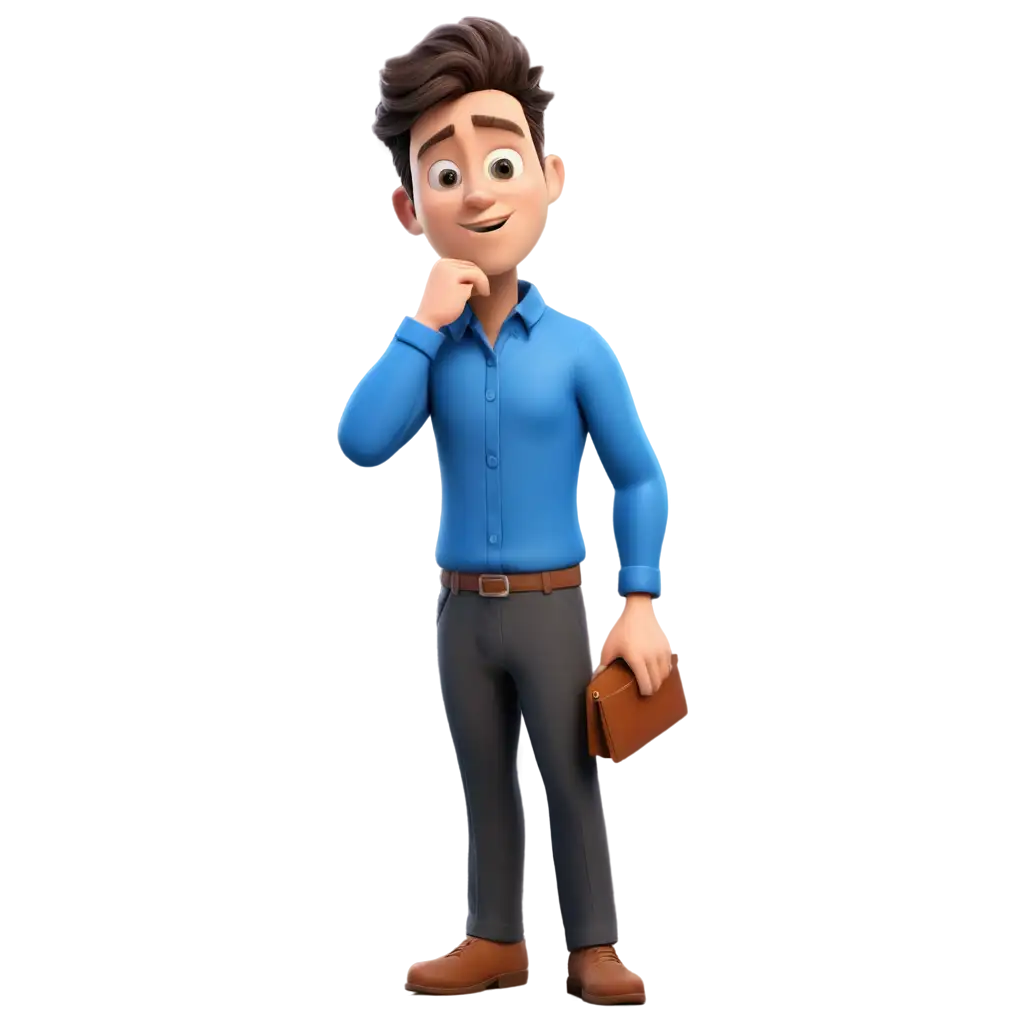 Confused-Businessman-in-Blue-Shirt-Holding-Chin-3D-Cartoon-PNG-Image-for-Professional-Design