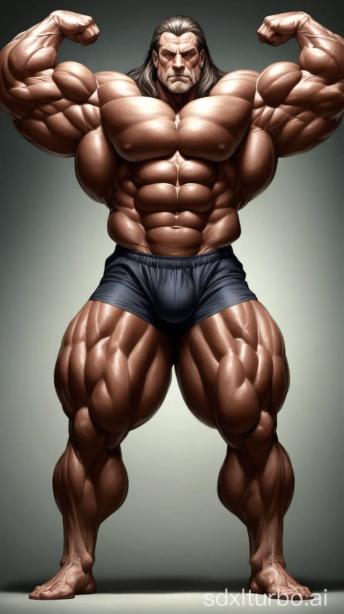 he is a superhuman, depicted as a giant and muscular individual with an exaggerated physique. He possesses an incredibly large, strong body, featuring a massive chest and oversized biceps, as well as a beautifully defined 8-pack set of abs. His legs are particularly notable, very long, thick, and towering, contributing to his immense stature. The character is an older man with long hair, adding an additional layer of distinction to his appearance. The image is composed with the subject raising his arms to proudly showcase his enormous biceps, emphasizing his muscular strength.