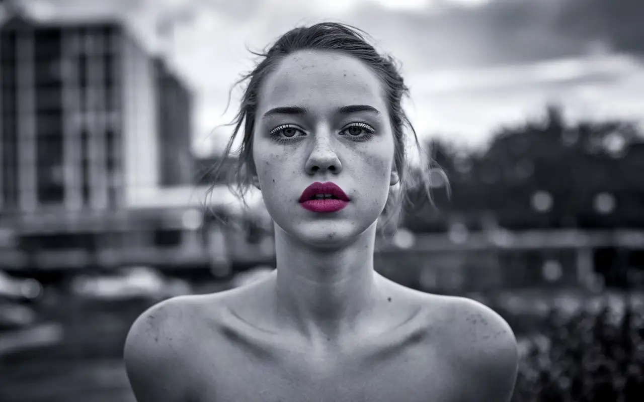 Stunning-Young-Woman-with-Crimson-Lips-in-Monochrome-Photography-Pop-Art