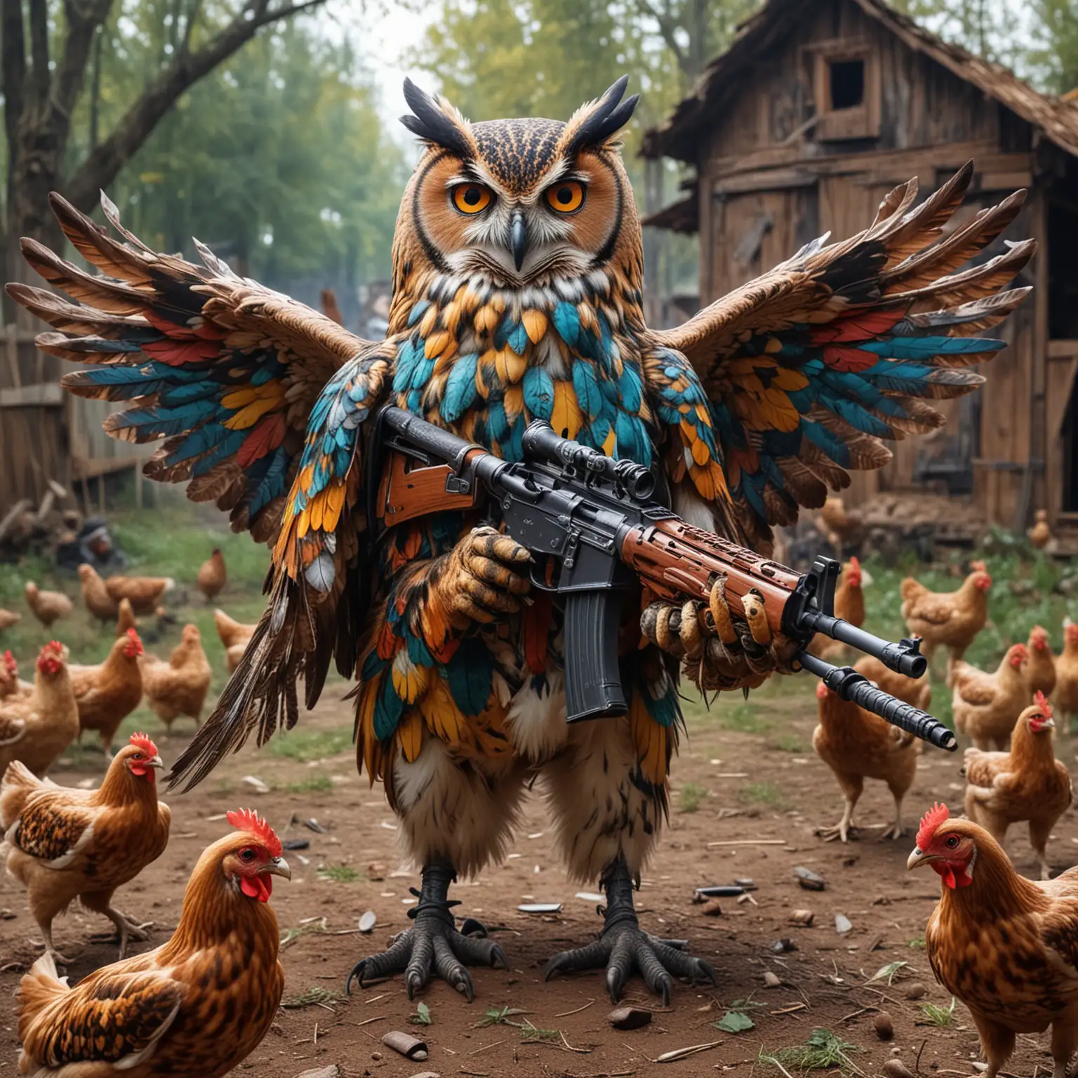 Fabulous-Owl-Protecting-Chickens-with-Kalashnikov-Assault-Rifle