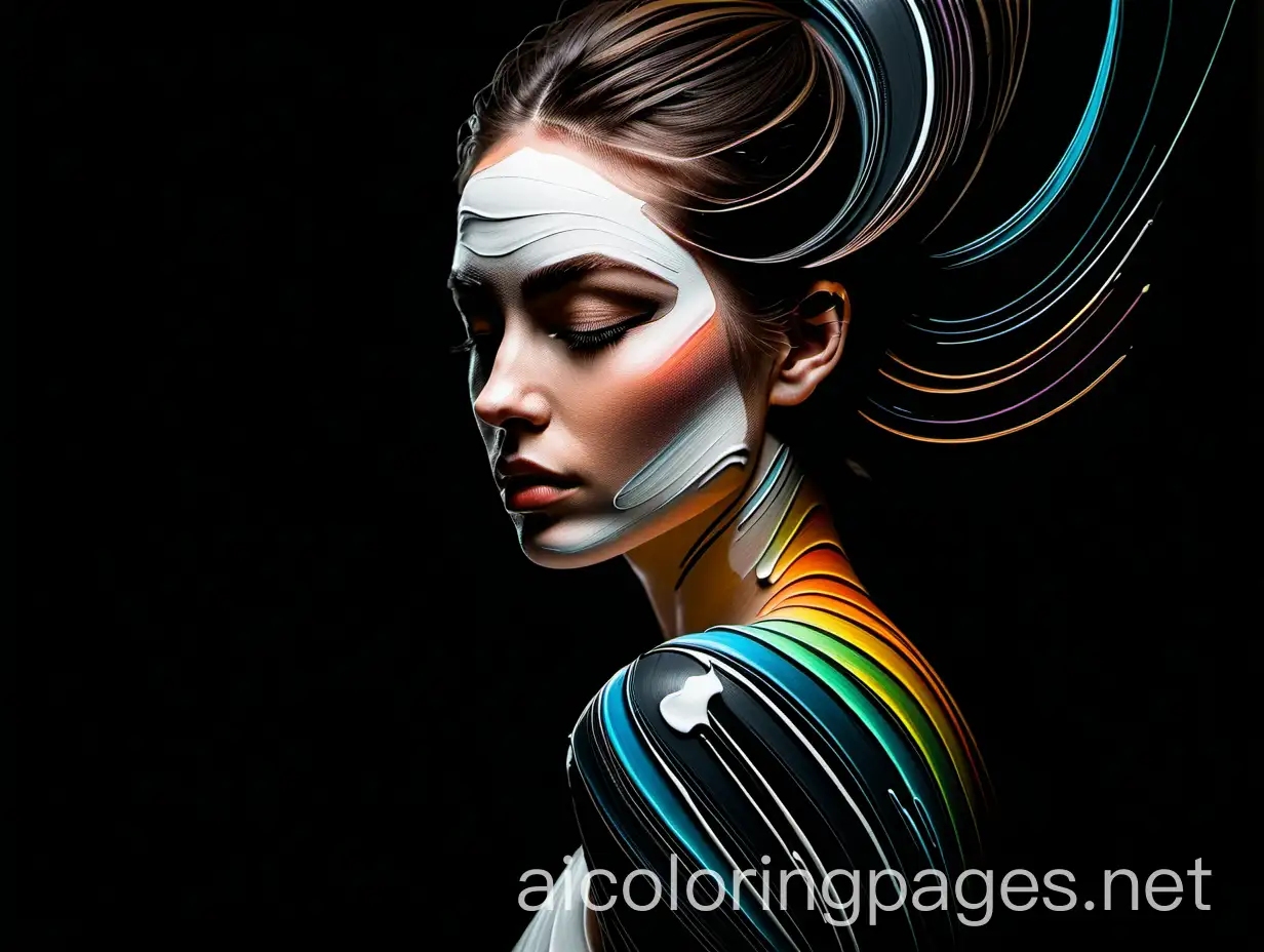 brush oil on canvas iridescent paint on black background,  minimalist female model,  zen lines abstract brushstroke art,  dramatic sorrowful   pose, abstract depiction includes full abstract head , Coloring Page, black and white, line art, white background, Simplicity, Ample White Space