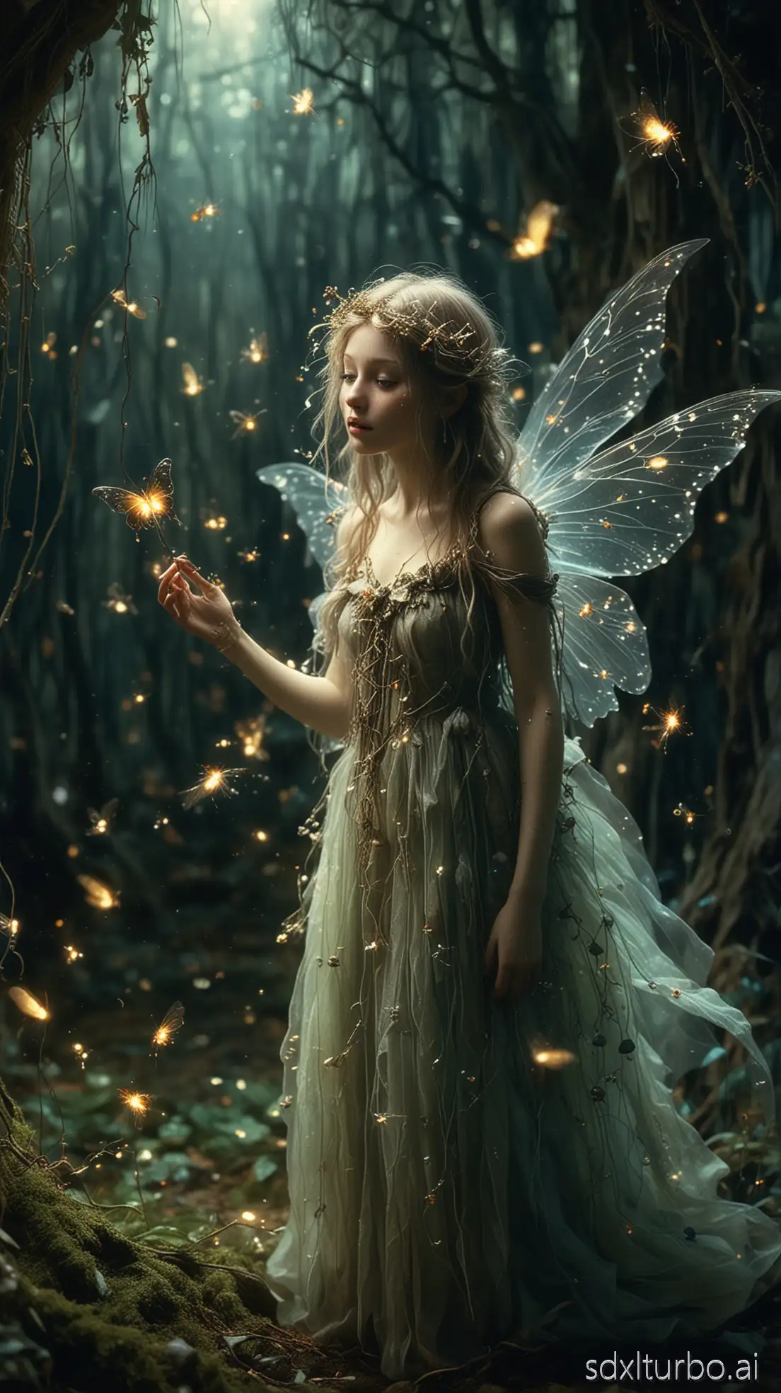 Surreal whimsical fairies and eerie creatures occupy a dreamlike atmosphere in a close-up photograph, intricate details and magical lighting enhancing their ethereal presence, fantasy concept art by Brian Froud and Alan Lee with vibrant colors, mystical ambiance, shot on Kodak Gold 400, 8k resolution, fairy dust, fireflies
