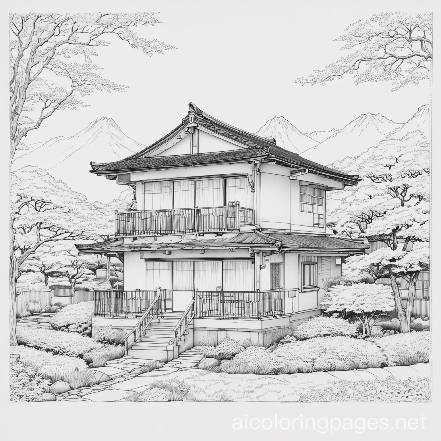 Japanese house exterior , Coloring Page, black and white, line art, white background, Simplicity, Ample White Space. The background of the coloring page is plain white to make it easy for young children to color within the lines. The outlines of all the subjects are easy to distinguish, making it simple for kids to color without too much difficulty