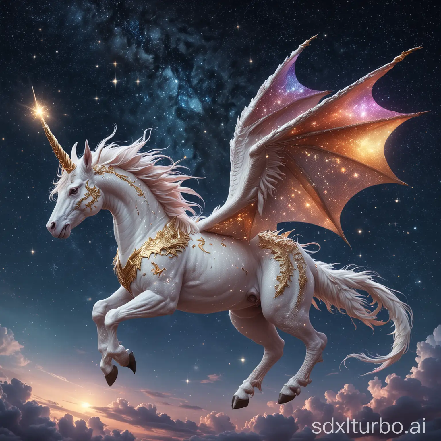 A hybrid of a unicorn and a dragon, with shimmering scales and a magnificent horn, flying under the starry sky.