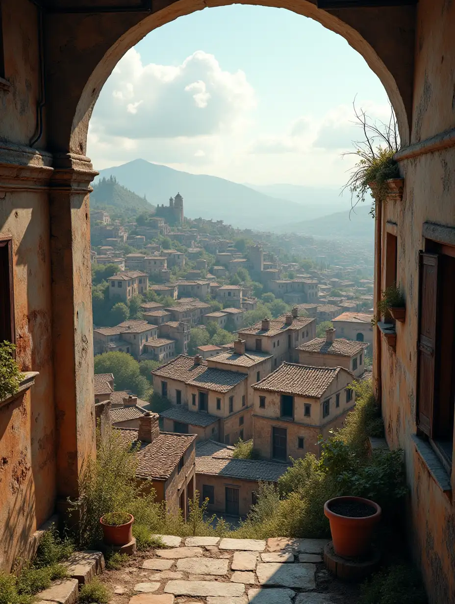 noon time, old house, view of old city from terrace, traditionally rich city, realistic image, HD image, rusty city