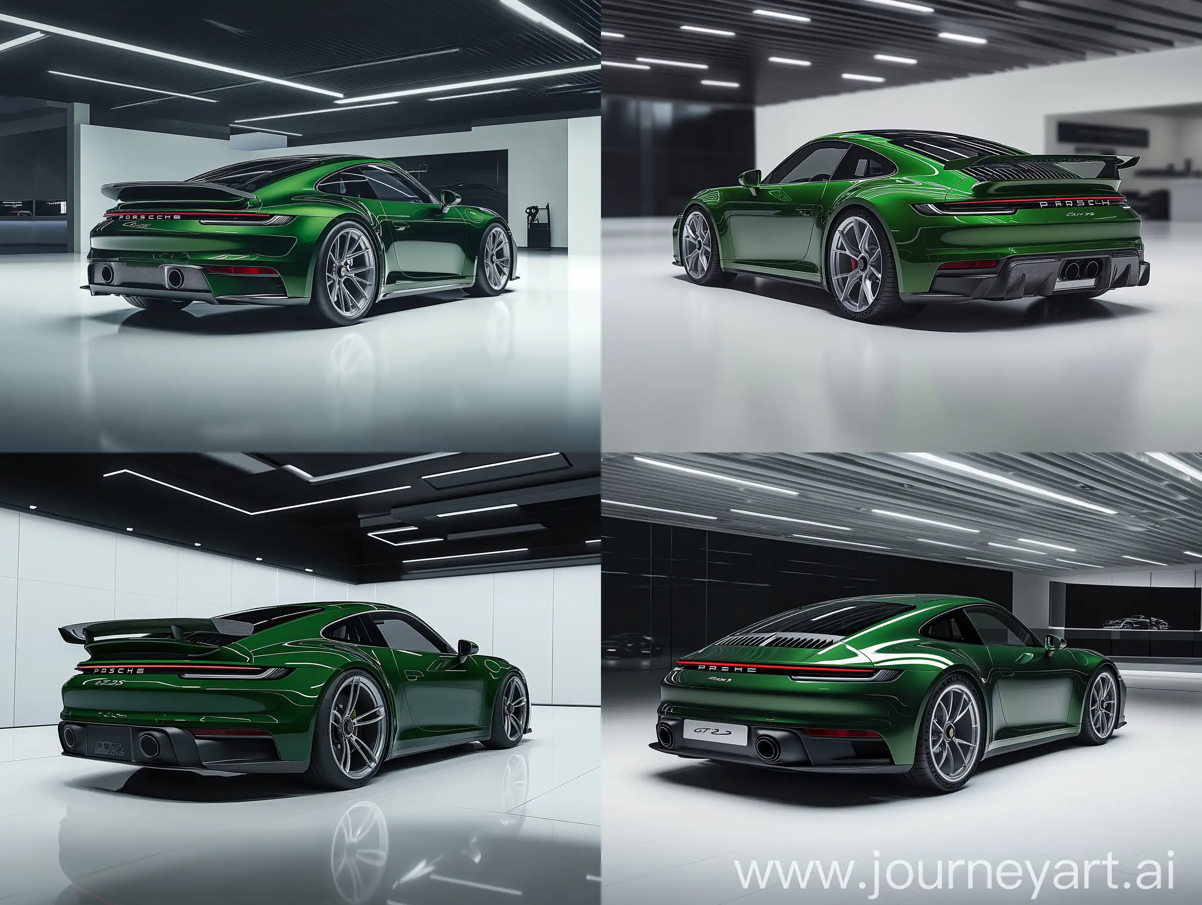 Rear-View-of-a-2025-Green-Porsche-911-GT3-in-a-Modern-Showroom