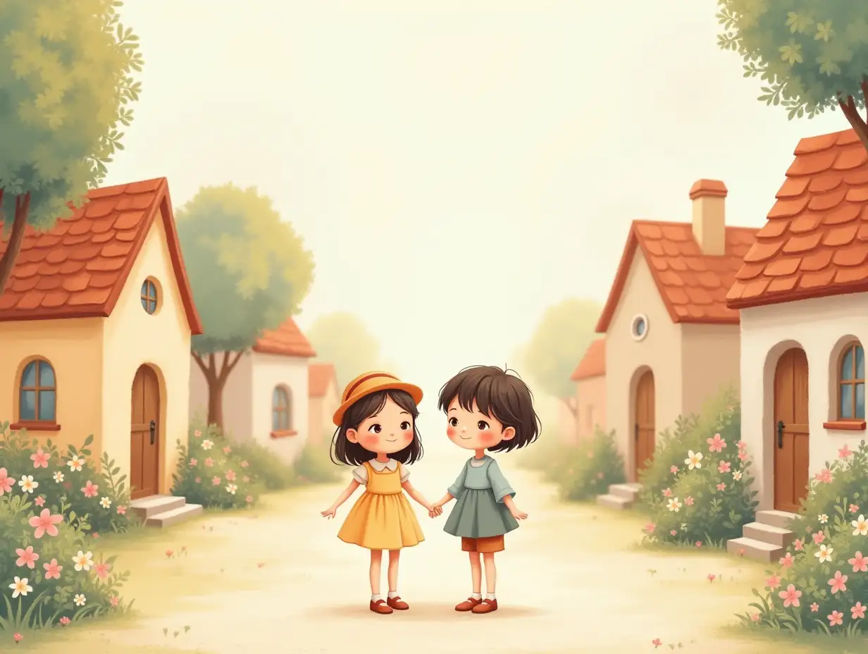 A whimsical and charming illustration in a soft pastel palette, inspired by storybook art, featuring two girls and 1 boy on the streets of a cozy small village with small houses, flowers and trees. They are evenly spaced, not touching, and wearing vintage-style outfits. Each child has distinct features and expressions, with a warm and dreamy atmosphere. The background includes a soft lighting, creating a harmonious and serene scene. High-quality illustration with intricate details.