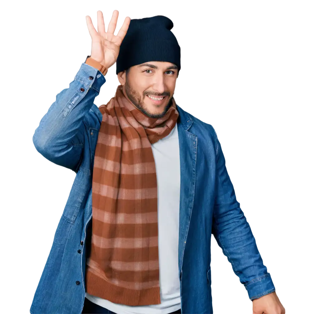 a man with a hat, a shirt, a jacket and a scarf