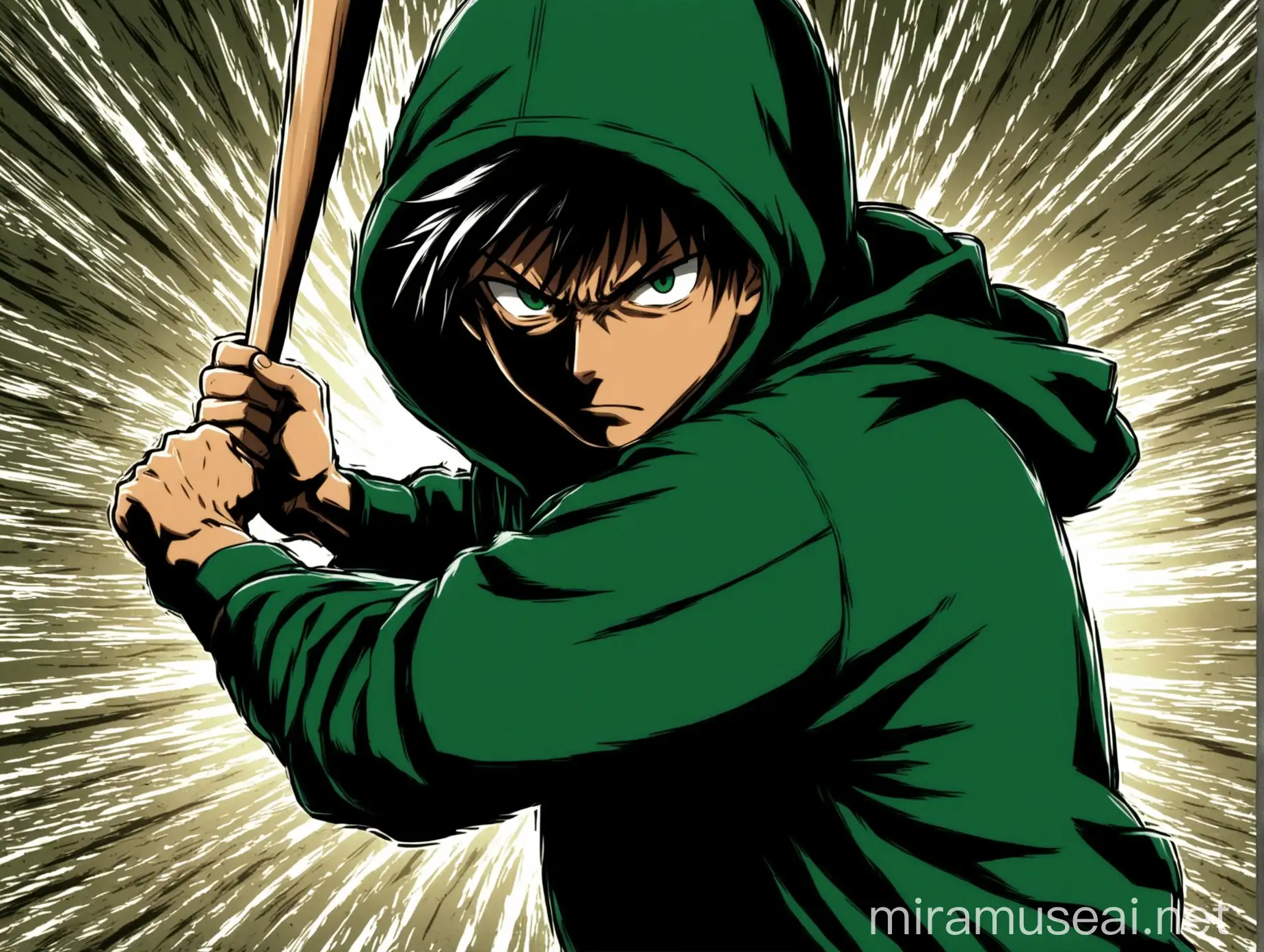 Anime Character in Dark Green Hoodie Swinging Baseball Bat with Action Manga Speedlines