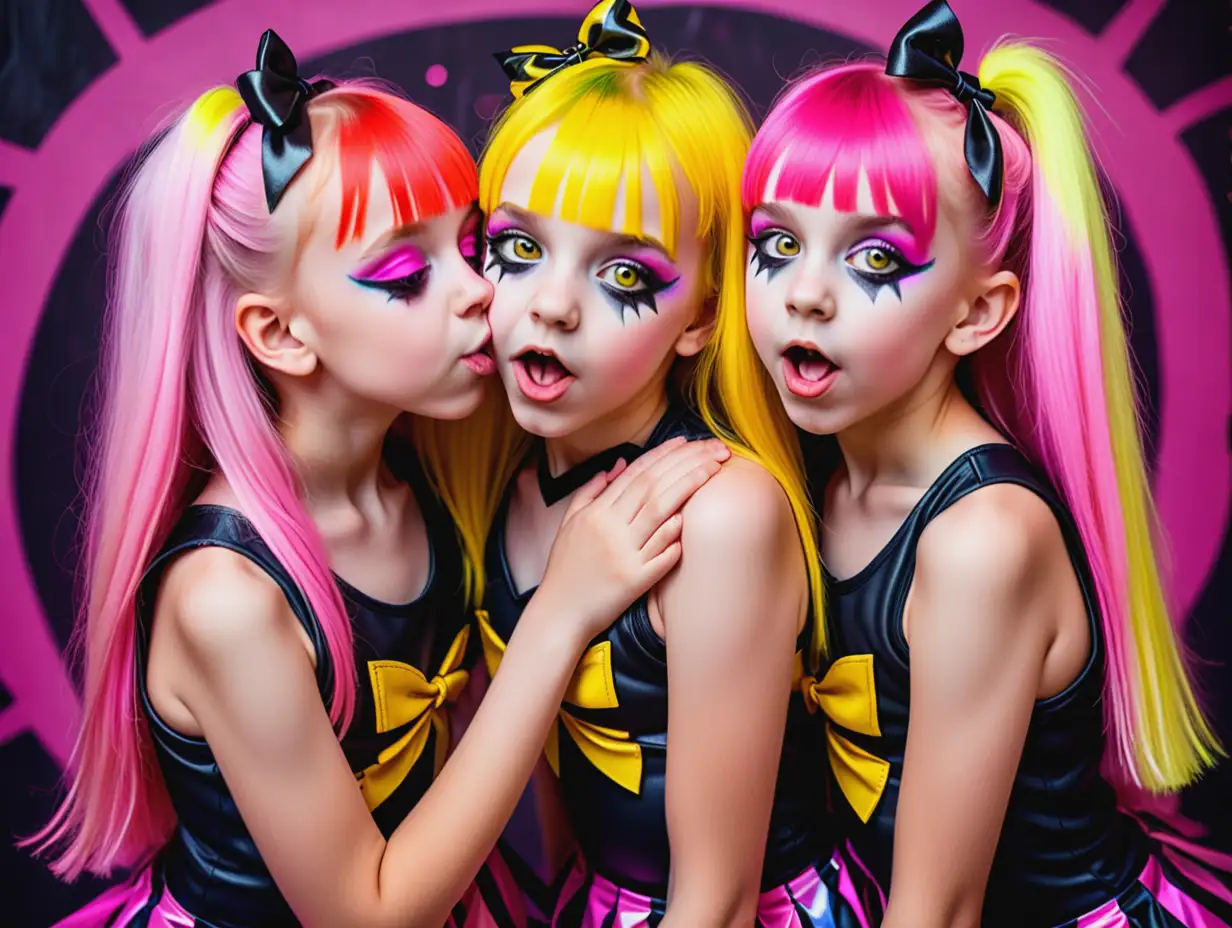 Three cute 12-year-old girls long yellow and pink hair, kissing and hugging open eyes wearing cheer leading outfits psychedelic background gothic style