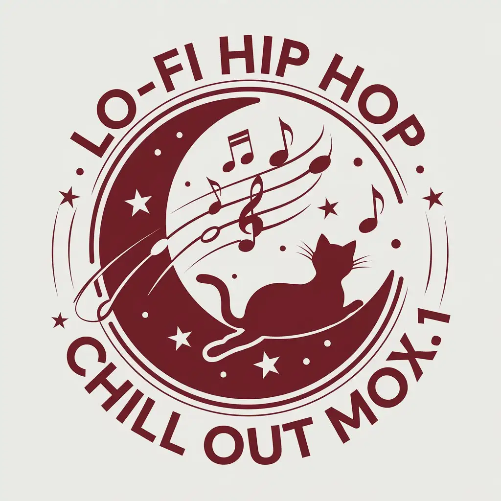 LOGO Design for Lofi Hip Hop Chill Out Mix Vol1 Cat on Moon with Musical Notes and Stars in Red White Monochrome