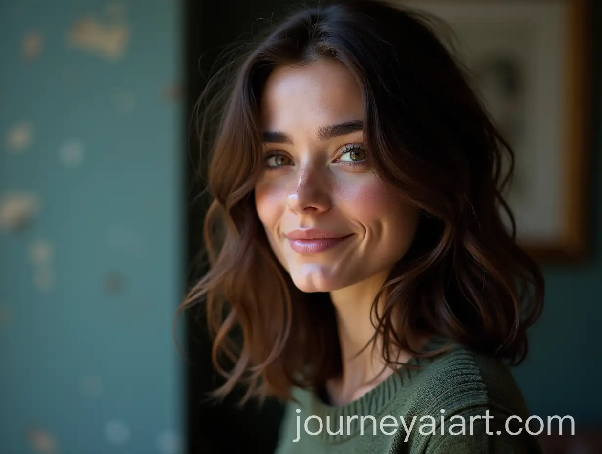Petite-Brunette-Woman-with-CryptoInspired-Virtual-Background-in-Dark-Green-and-Purple