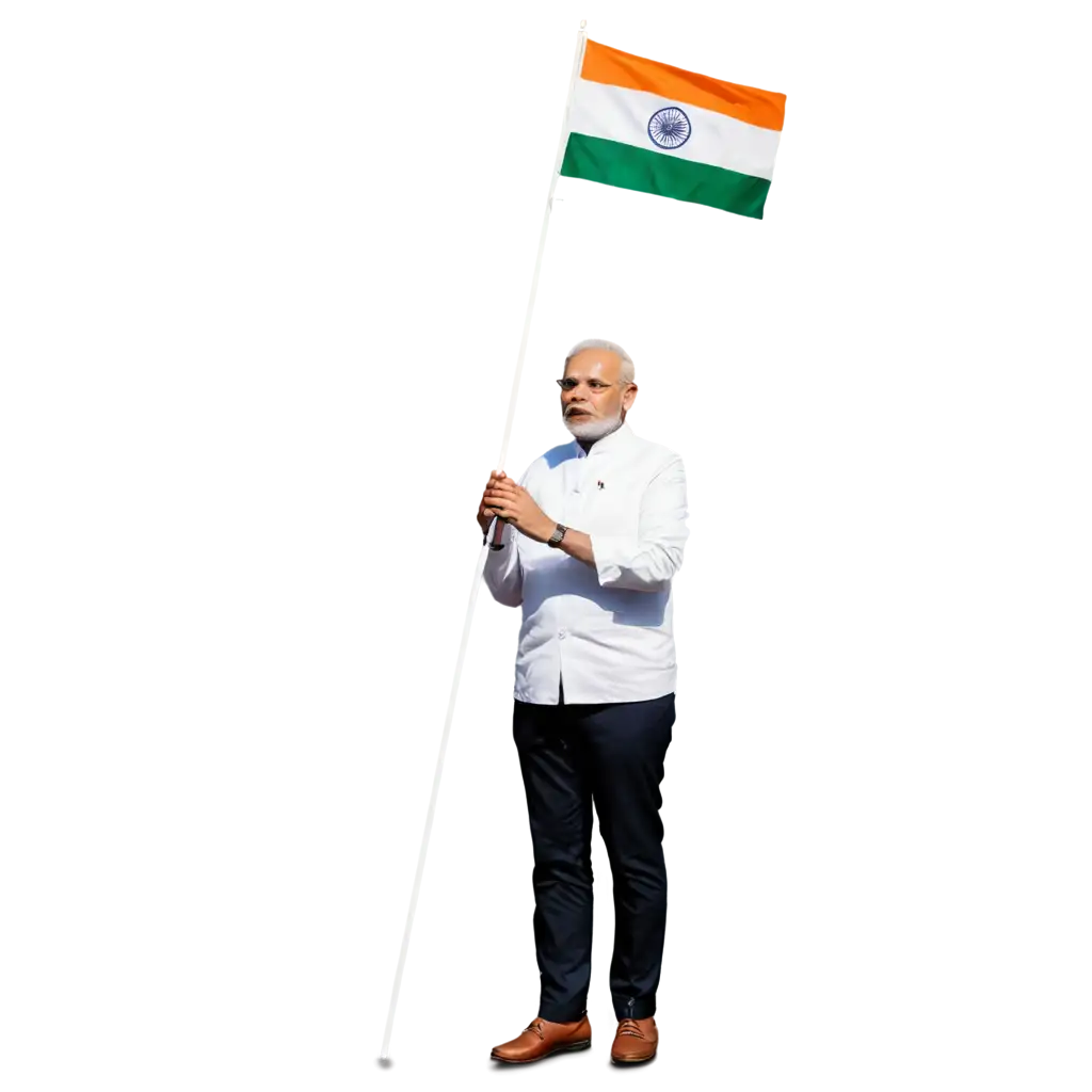 Prime Minister of India Narendra Modi standing at moon having national flag in hand.