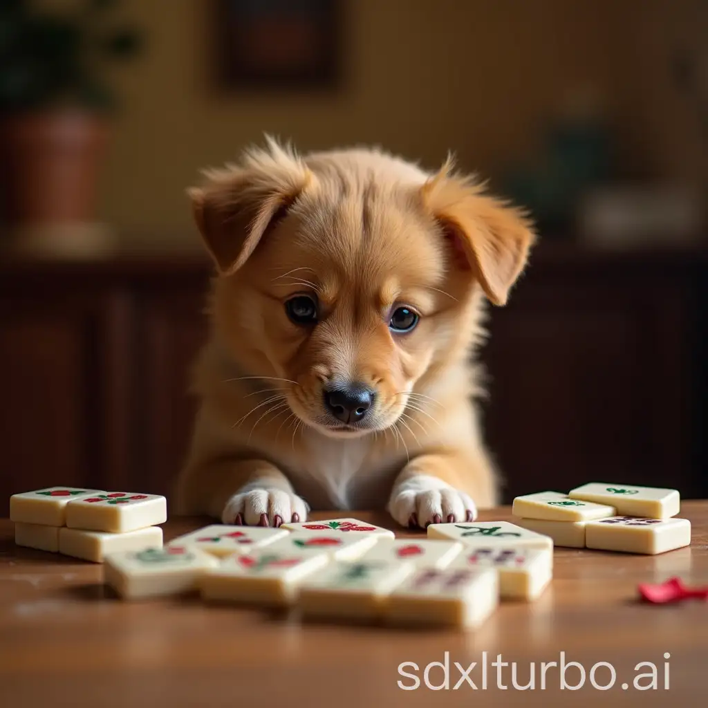 Cute-Dog-Playing-Mahjong-Game-with-Miniature-Tiles