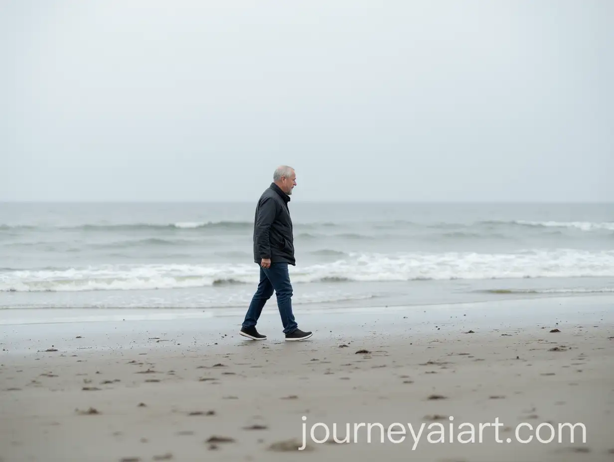 Man-with-Gray-Hair-Walking-Along-the-Shore-at-Sunset