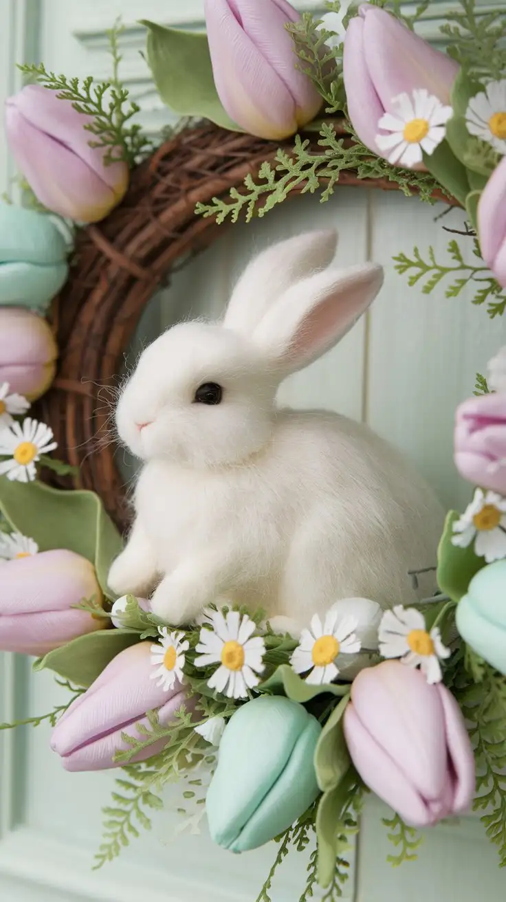 Adorable-Easter-Wreath-with-Soft-White-Bunny-and-Pastel-Tulips