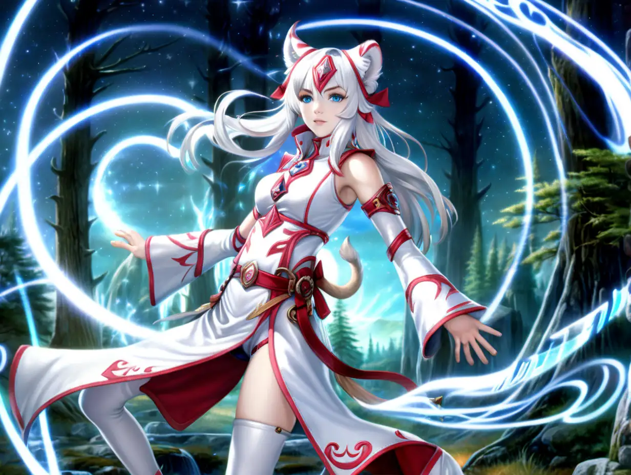 (Masterpiece, Top Quality, Best, Official Art, Beautiful and Aesthetic, Long Exposure: 1.5),(((White mage's uniform))), ((mage sexy woman)), ((white tiger ears)), white long hair, red freckles, (blue eyes), ((without humans ears)), a slightly smile, ((beautiful face)), night forest, white tights, white leather boots, sexy body, elemental wind elves, rotation Wind, control the wind, white crystal clothing, dynamic pose, floating particles, ethereal dynamics, whirlwind, vapor, whirlwind in the background, white tone, whirlwind, ethereal atmosphere,