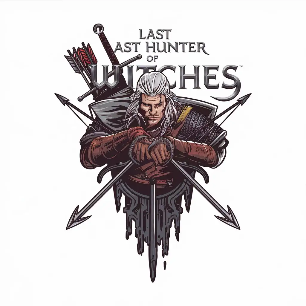 a vector logo design,with the text "last hunter of witches", main symbol:witcher,complex,be used in games industry,clear background