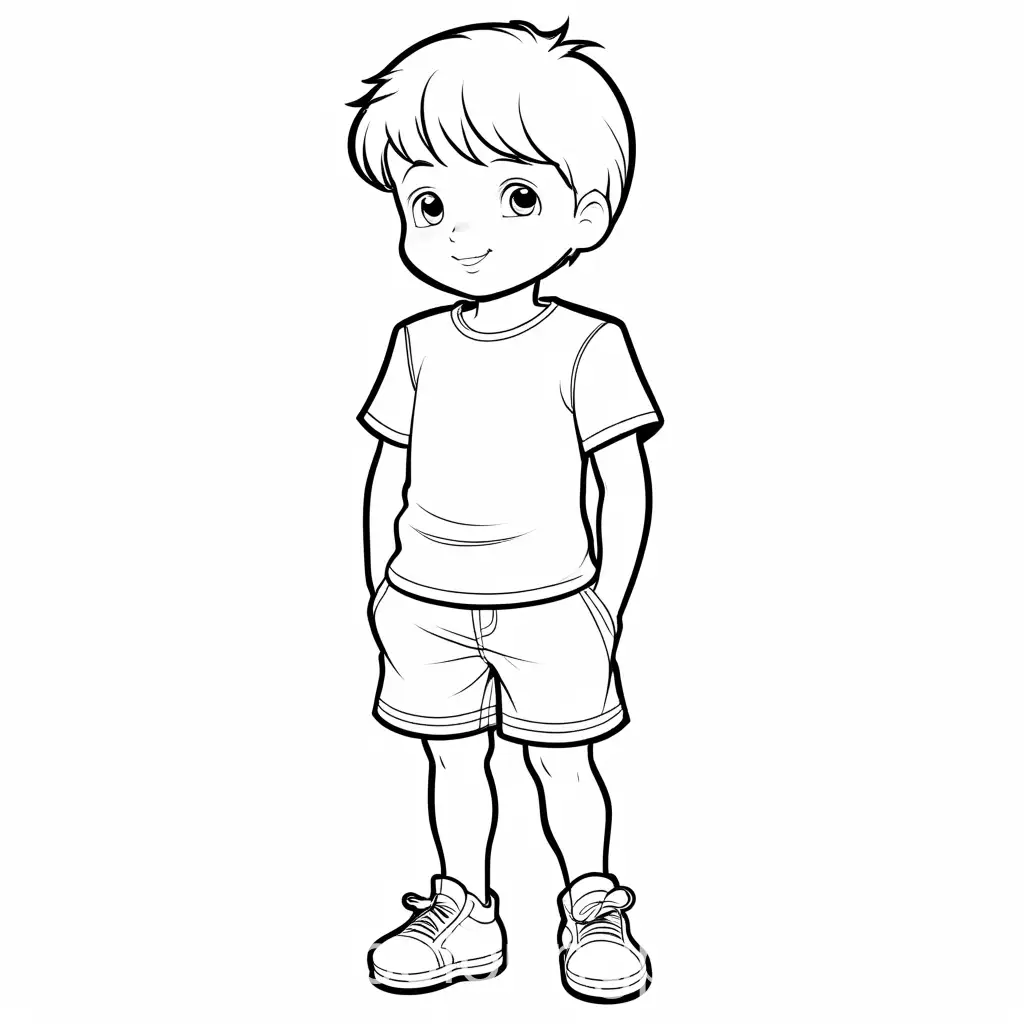 a black and white image to color, a little boy wearing shorts and a t shirt, the child has below knee limb missing, Coloring Page, black and white, line art, white background, Simplicity, Ample White Space