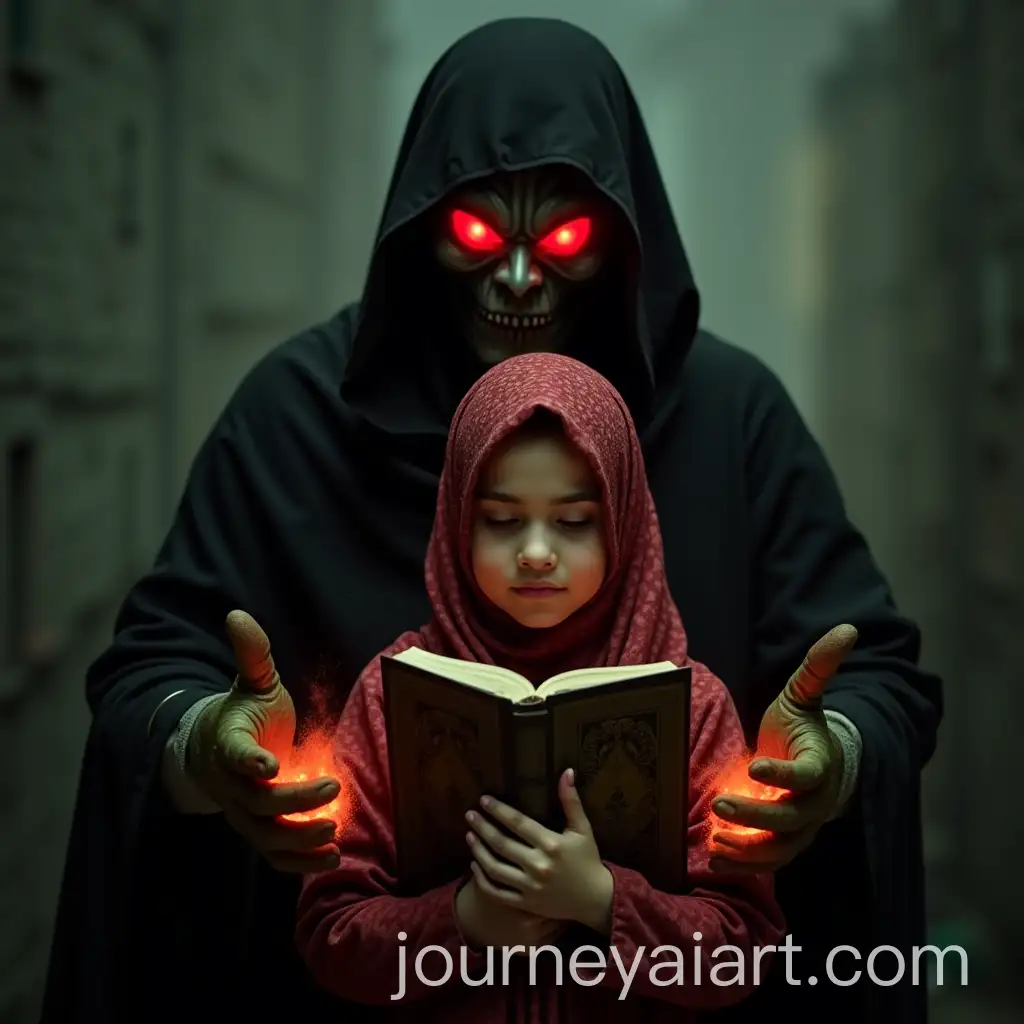 Young-Girl-Holding-Quran-in-Front-of-Frightening-Masked-Figure-with-Glowing-Red-Eyes