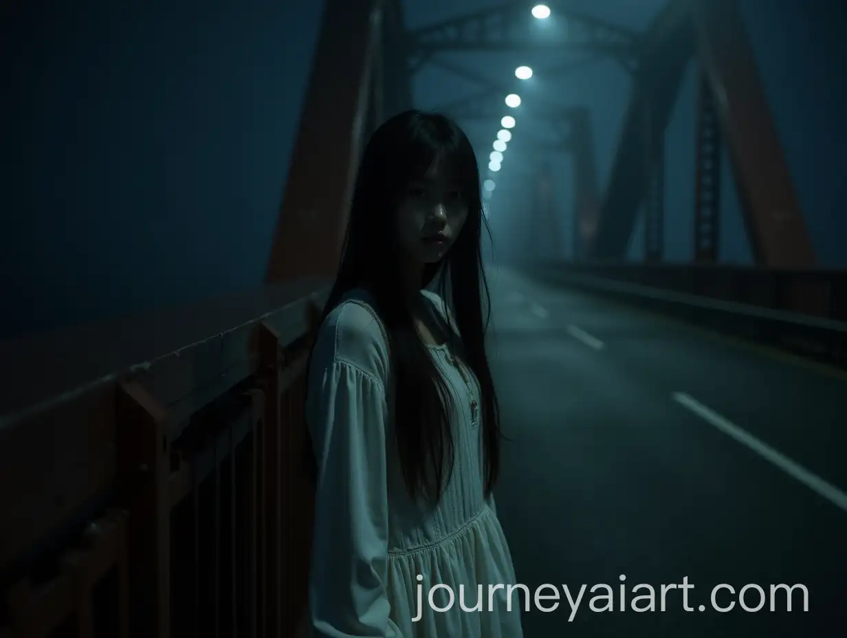 Eerie-Night-Scene-of-a-Young-Woman-in-a-White-Dress-on-a-Dark-Red-Bridge