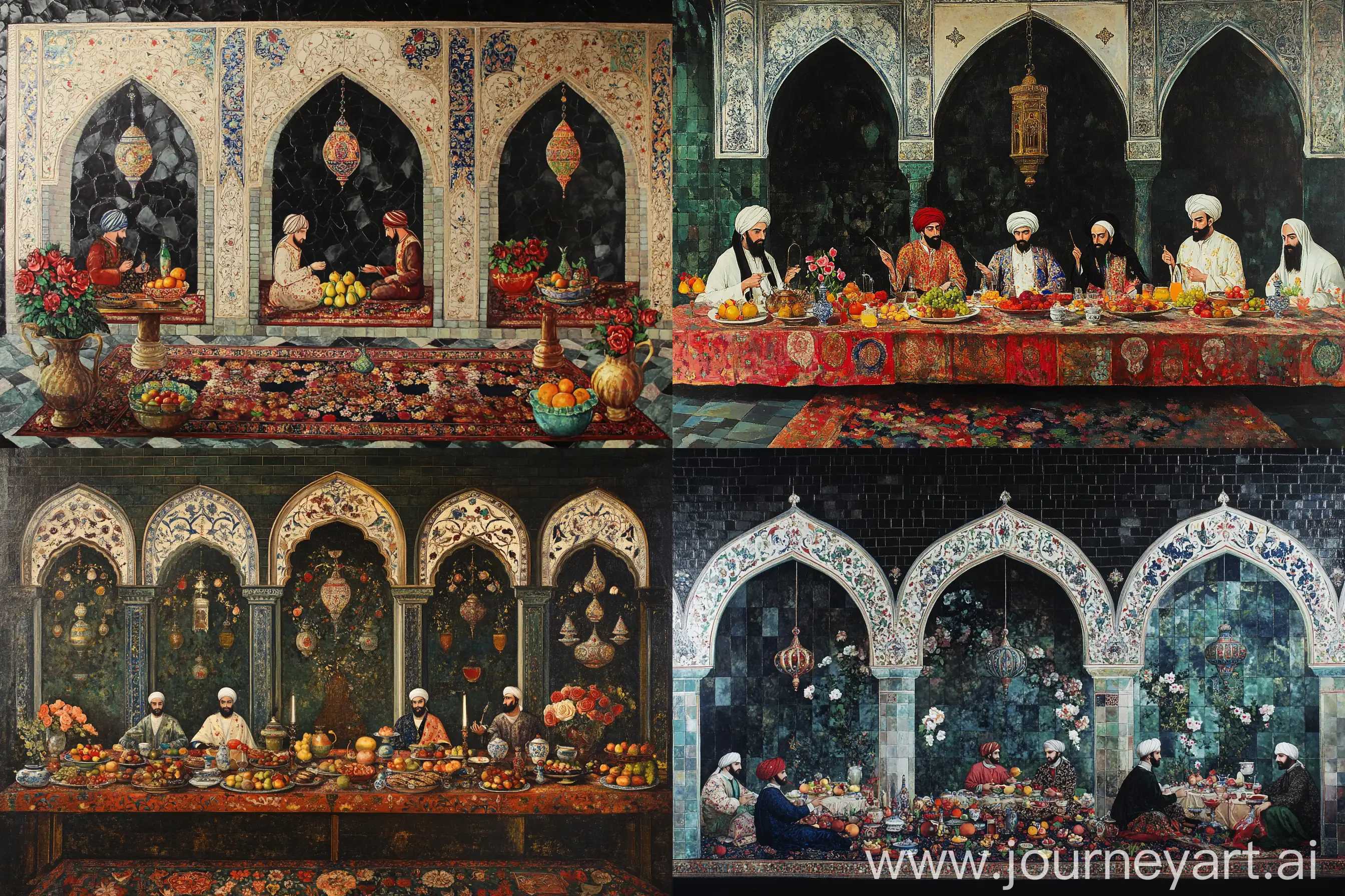 Medieval-European-Portrait-Painting-Princes-in-Arabian-Attire-with-Iznik-Ceramics-and-Islamic-Floral-Motifs