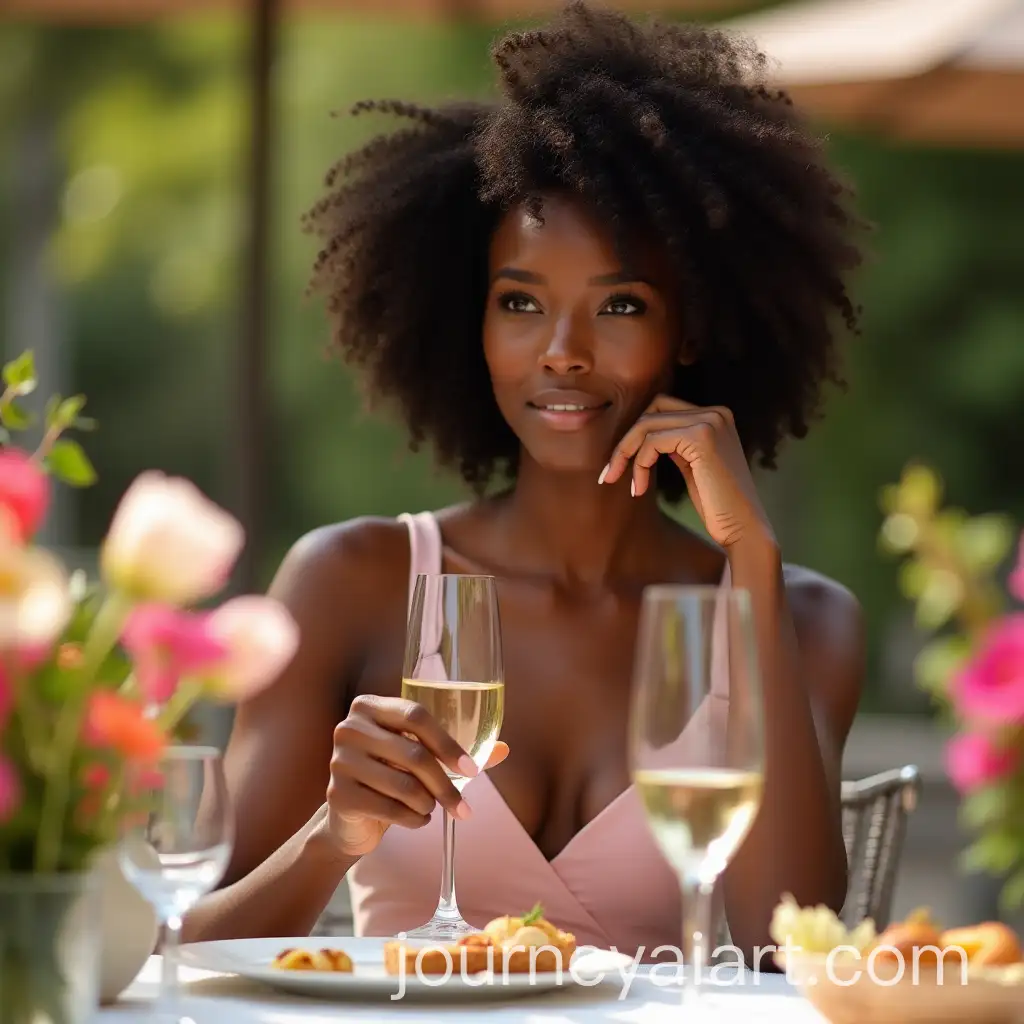Elegant-Young-Black-Woman-Sitting-at-Outdoor-Brunch-Table-with-Champagne-Glass
