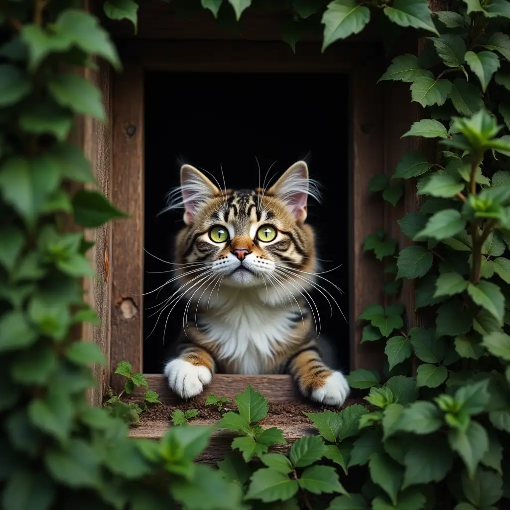 A slender ragdoll cat with a shaggy curly beard and piercing green eyes peers out of a gleaming hedge trimmer window in the woods. wall of wonders, aidmadalle3