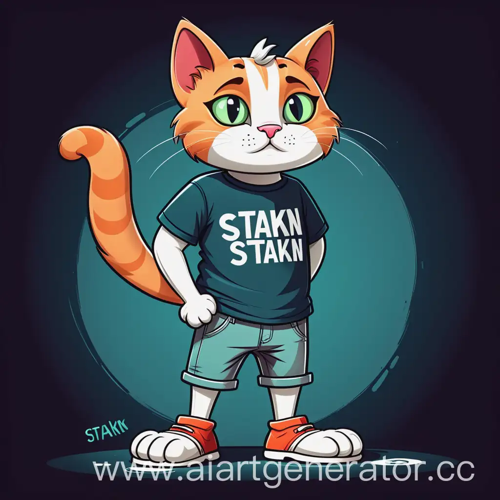 A cartoon cat in digital art style stands on his feet, wearing a T-shirt with the inscription Stakan