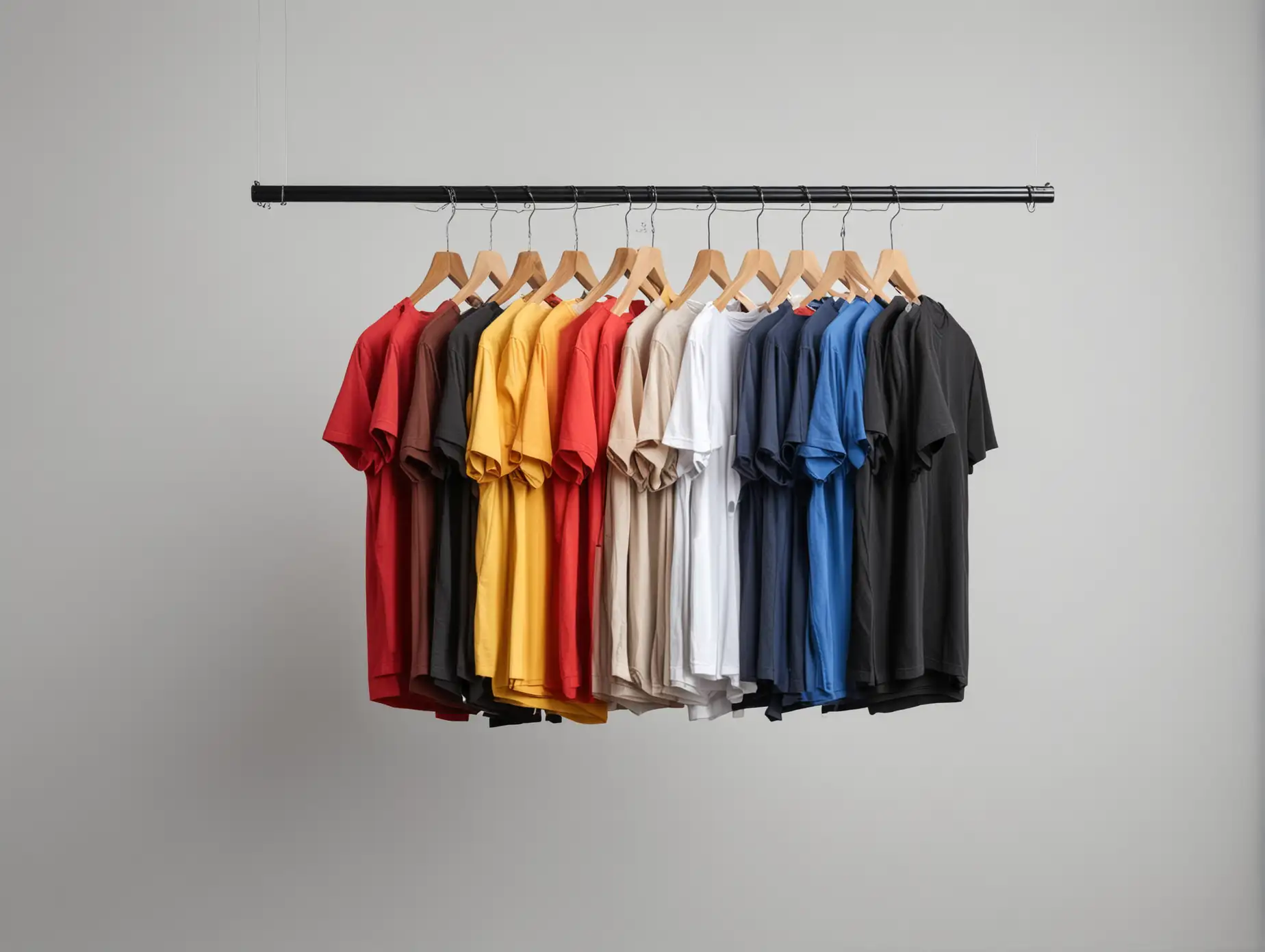 Array of Blank TShirts on Black Hangers Red Blue White Black Gray Yellow Marron