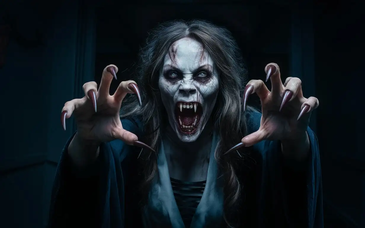 
Subject: The main subject of the image is a wild and ugly vampire woman, depicted in a photorealistic style. She has extra long pointed fingernails resembling claws, and her mouth is open with fang-like teeth, giving her a threatening appearance.
Setting: The scene is set inside a dark room, adding to the eerie atmosphere. The darkness enhances the horror element and creates a cinematic feel.
Style/Coloring: The image is hyper-realistic with high detail and photo detailing, contributing to the photorealistic quality. The coloring is dark and haunting, with atmospheric lighting intensifying the creepy vibe.
Action/Items: The vampire woman appears to have just emerged from the darkness, adding a sense of suspense and fear. Her posture and expression convey aggression and terror.
Costume/Appearance: The vampire's appearance is grotesque and terrifying, with detailed nails and realistic anatomy, including five fingers on each hand. Her undead look suggests that she has climbed out of a grave.
Accessories: The vampire's only accessories are her long, pointed fingernails, which resemble the claws of a predator, enhancing her menacing appearance.