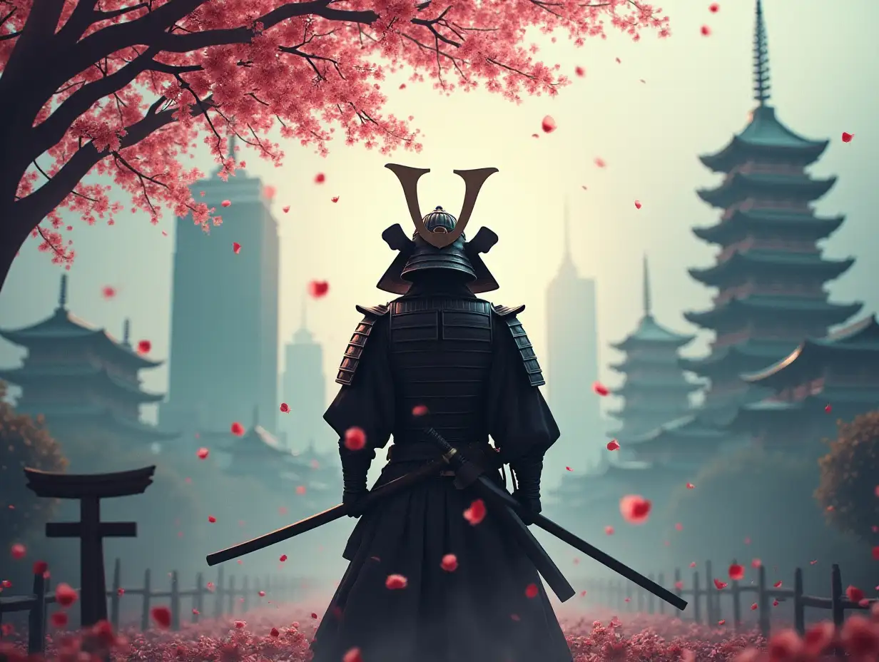 A symbolic digital artwork depicting Japan's current demographic challenge: the ongoing demographic collapse. A samurai warrior in traditional armor performs harakiri (seppuku) as cherry blossoms fall, while modern Japanese skyscrapers and symbols of death such as cemeteries and retirement homes disappear against a misty background. The composition is intended to combine traditional Japanese art style with contemporary elements, dramatic lighting, and a somber mood, thus emphasizing the metaphorical nature of the concept.