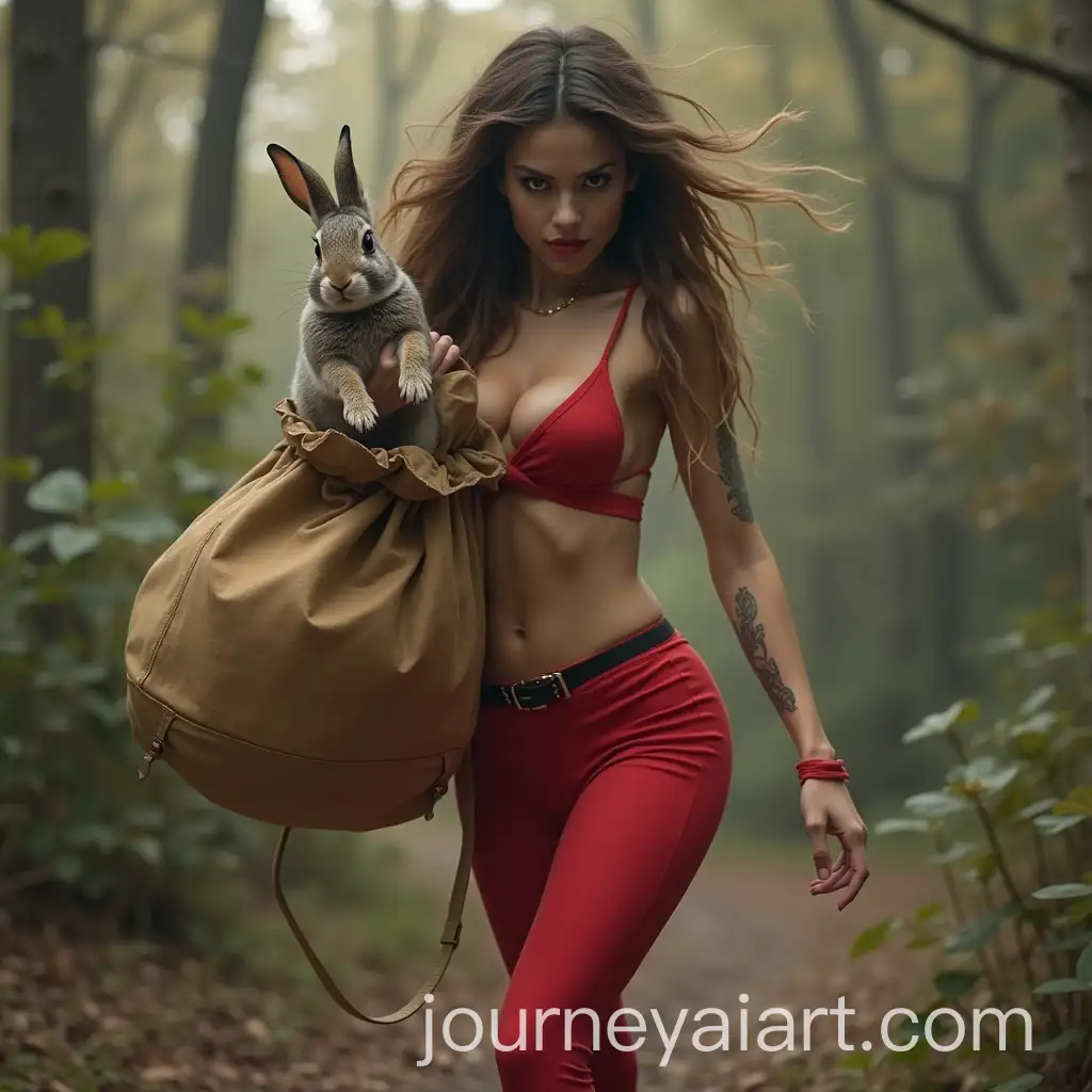 Beautiful-Evil-Woman-in-Red-Pants-Grabbing-a-Wild-Rabbit-in-a-Bag