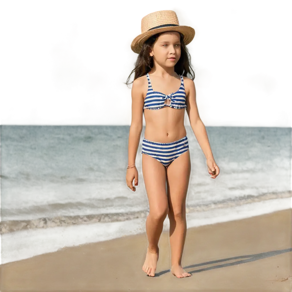 Child-in-a-Striped-Bikini-Walking-on-the-Beach-PNG-Image-for-Clear-and-Crisp-Visuals