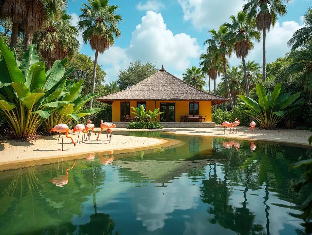 Crooked yellow house with garden And a pond with flamingos on the beach with bananas, shrubs and palm trees 4K resolution vibrant wide-angle shots