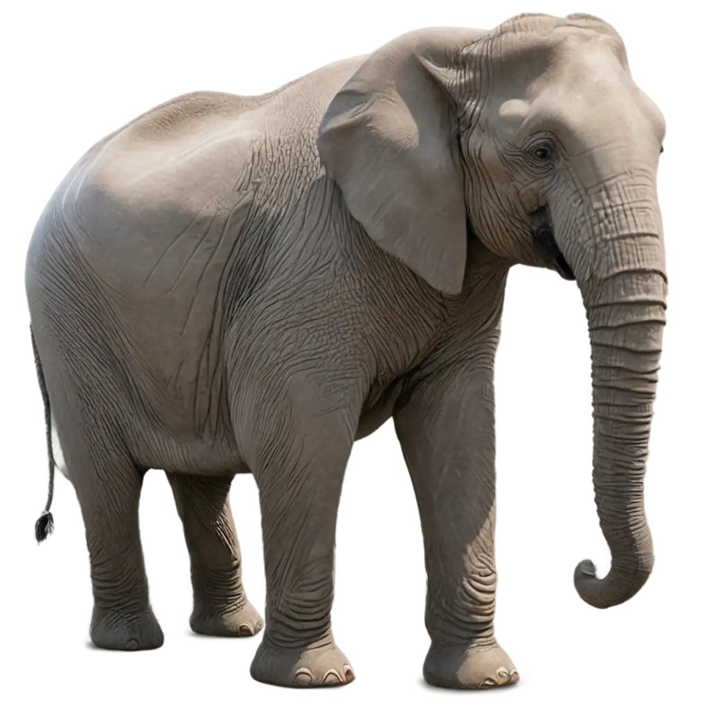 Generate an image of a majestic adult elephant. The elephant should be standing. Make sure to show the details of its wrinkled and gray skin, with shadows that highlight its impressive size. The elephant should have large ears and prominent tusks, while its trunk is in a position where it seems to be interacting with the environment.