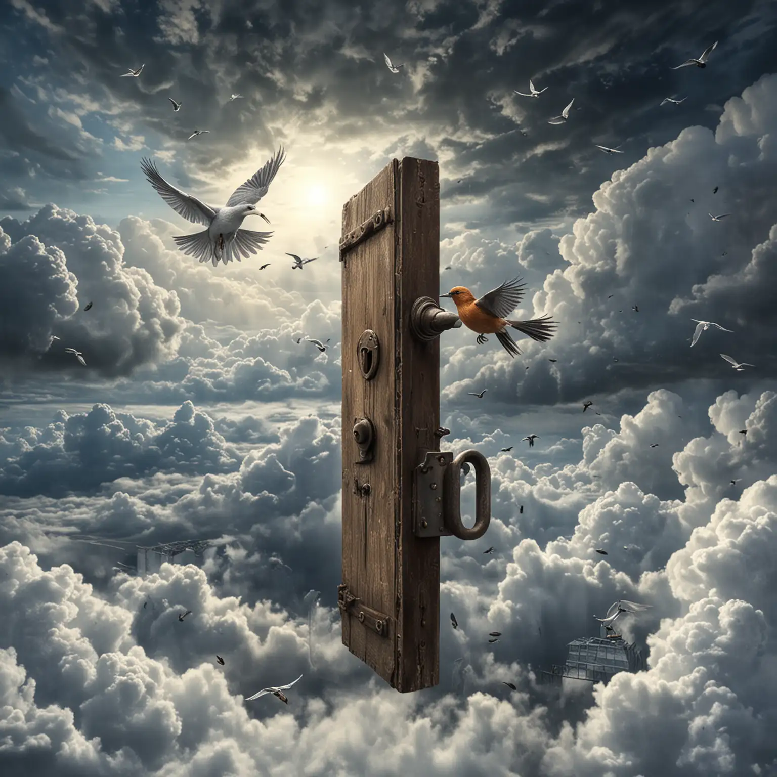 Mysterious Closed Door Floating in Clouds with Bird Flying By