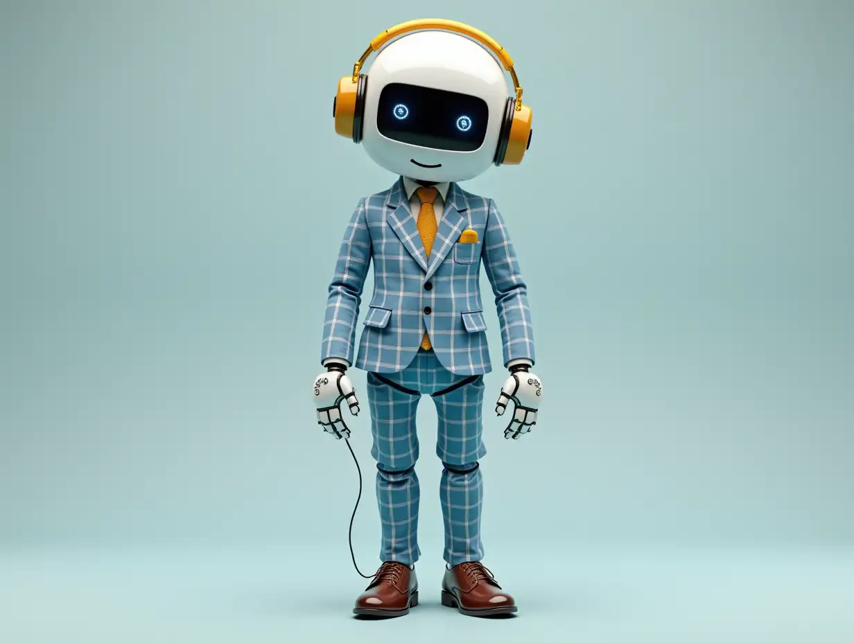 Create a high-resolution, realistic image of a robot with square eyes, golden headphones of a fashionable blue and white checked suit, patent leather shoes and strike a pose