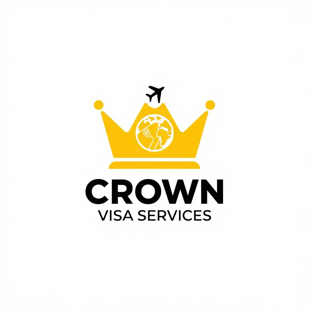 LOGO Design for Crown Visa Services Yellow with Crown World Airplane and GPS Mark for Travel Industry