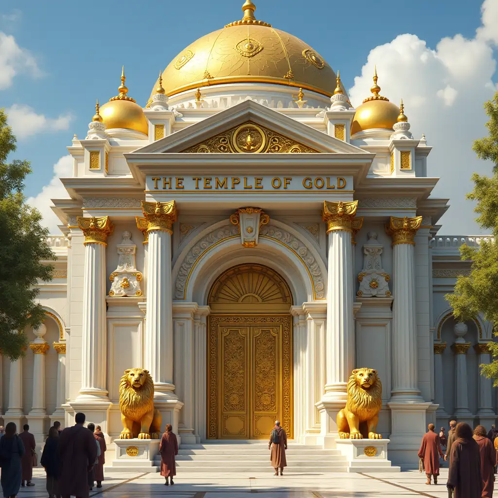 Majestic-Medieval-Fantasy-Bank-The-Temple-of-Gold-with-Winged-Lion-Statues-and-Gleaming-Golden-Dome