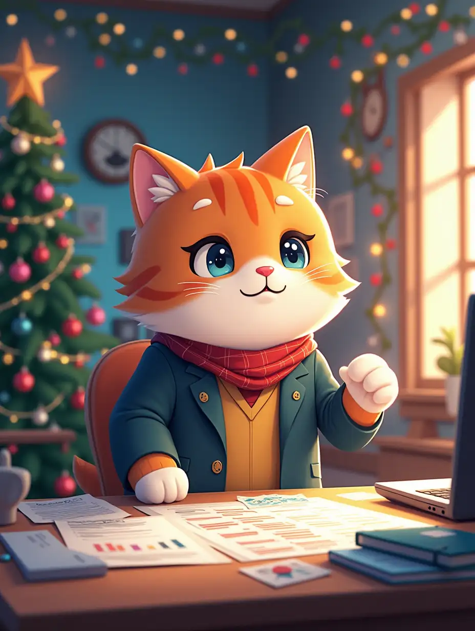 kawaii positive fluffy anime style fluffy multicolored an engineer designer cat in office clothes  He lays out documents and office papers on a large shiny table in an a spacious, bright room with walls of panels dotted with colorful lamps, instruments and indicators and with a Christmas tree in the background and garlands on the walls with atmosphere of magical glow, paint in anime style