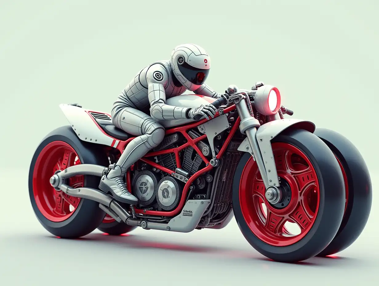 White, red, motorcycle with ten wheels, machine, racing bike, race track, fast, fantasy, Cyberpunk