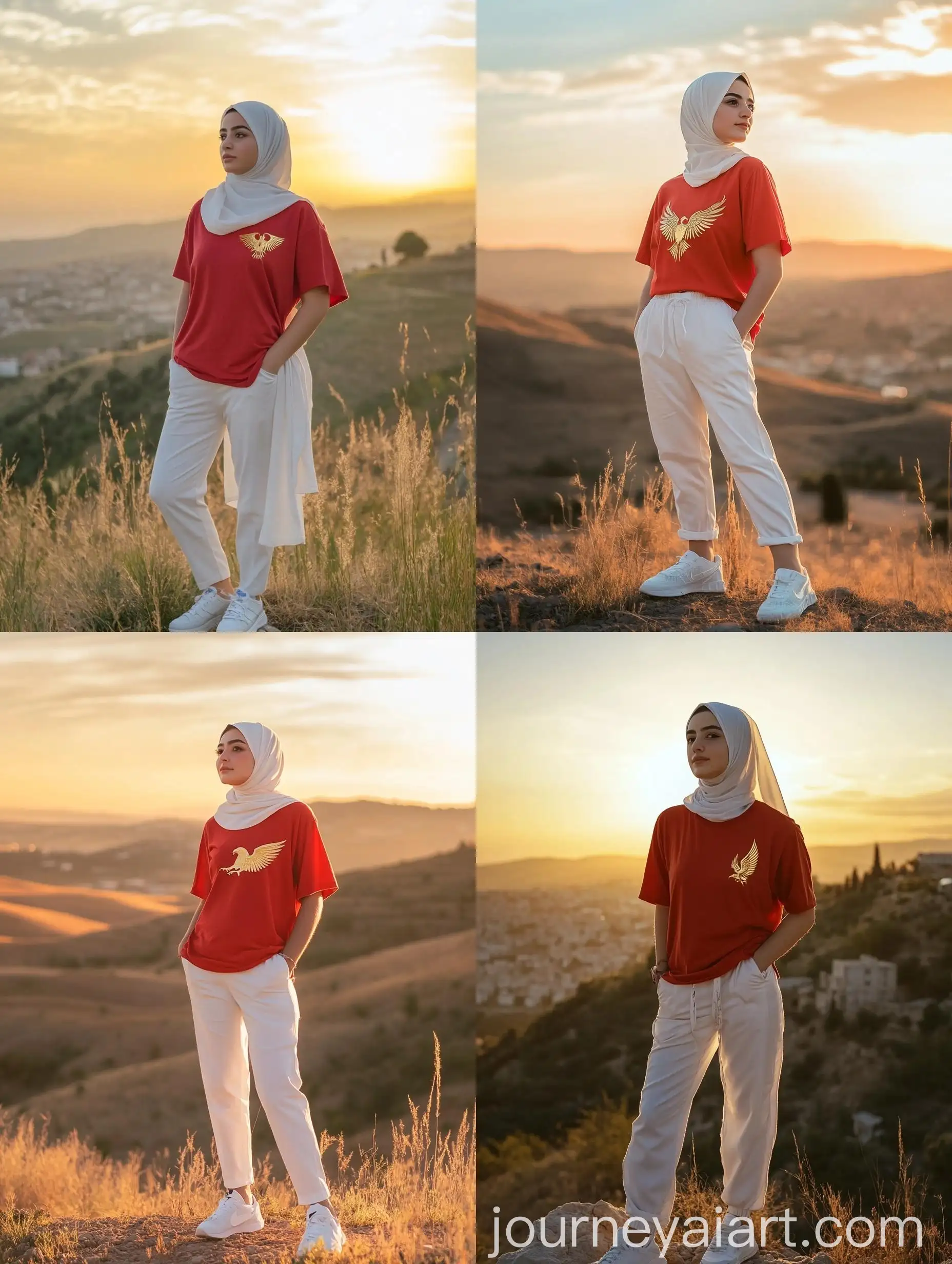 Candid-Style-Portrait-of-a-Chubby-Turkish-Woman-in-Hijab-and-Golden-Eagle-Logo-TShirt-at-Sunset-Hill