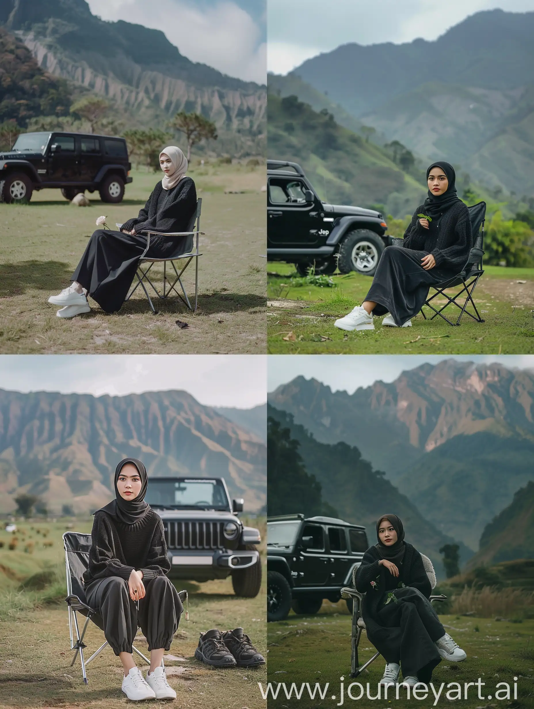 Indonesian-Hijab-Woman-in-Black-Sweater-with-Rose-Next-to-Black-Jeep-on-Mountain-Green-Lawn